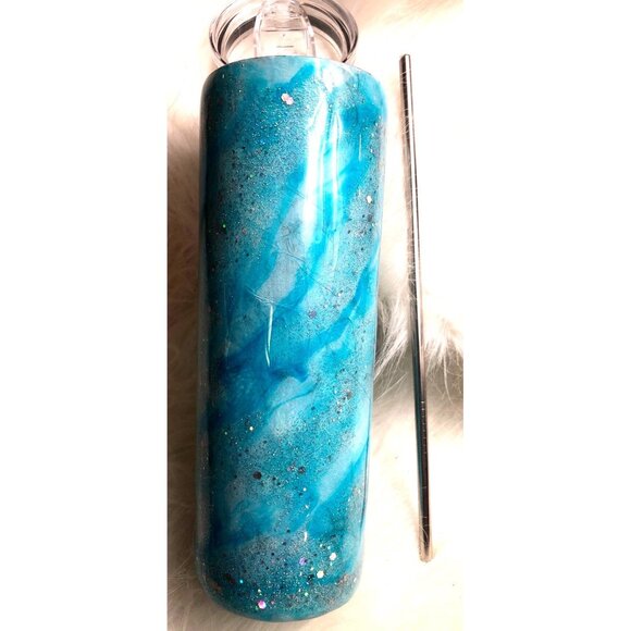 Alcohol Ink Tumbler Blue White & Glitter Swirl Stainless Cup Lid & Straw - Picture 7 of 12